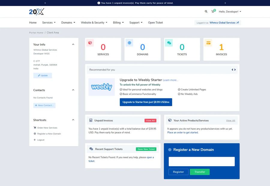 TwentyX WHMCS Client Area Template