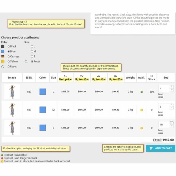 Viewing product combinations in a table Module PrestaShop